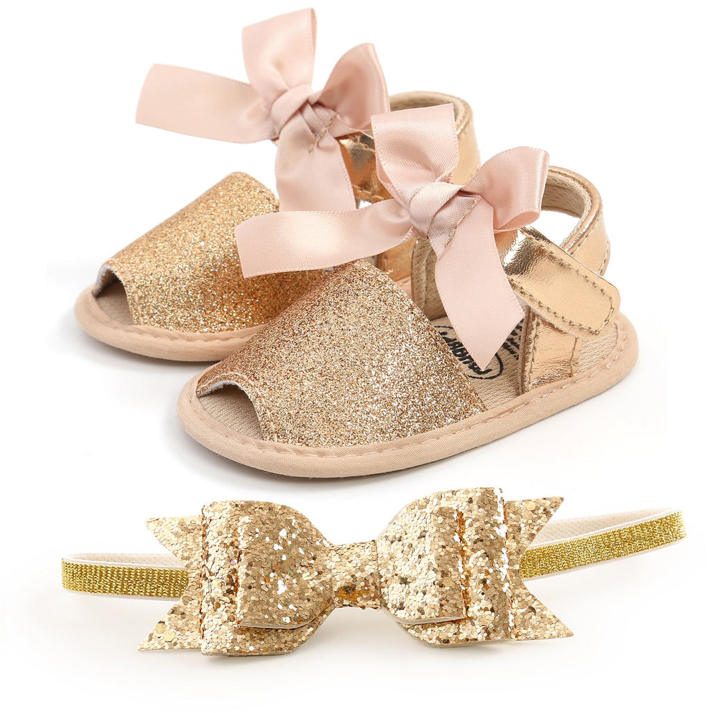 Bow Splicing Cute Summer Girl Wholesale Baby Shoes With Headband - PrettyKid