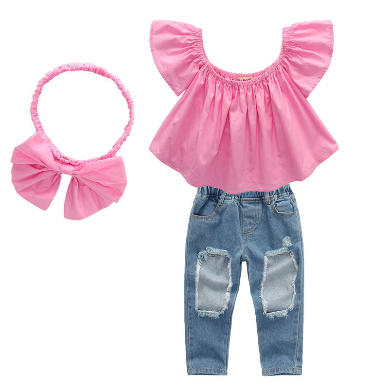 9M-7Y Doll Collar Sleeveless Ripped Jeans Headband Toddler Girls 2 Piece Set Wholesale Girls Fashion Clothes - PrettyKid