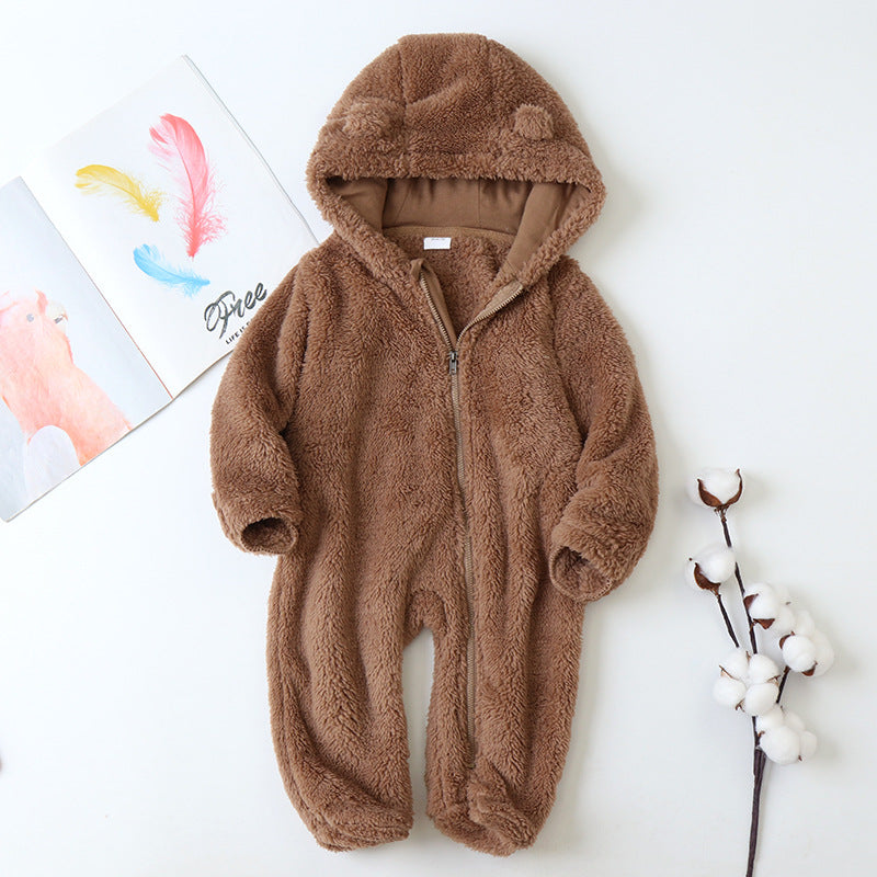 0-12M Baby Solid Color Zipped Fleece Hooded Jumpsuit Wholesale Baby Onesies - PrettyKid