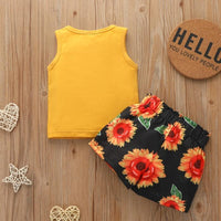 Letter Print Tank and Sunflower Print Shorts Set Wholesale children's clothing - PrettyKid