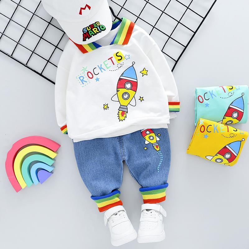 2-piece Fashion Cute Rockets Print Color-block Hoodies and Jeans - PrettyKid