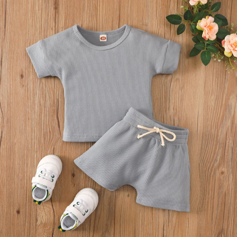 Baby Boy Solid Color Crew Neck Short Sleeve T-Shirt And Shorts Baby Outfit Sets - PrettyKid