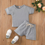Baby Boy Solid Color Crew Neck Short Sleeve T-Shirt And Shorts Baby Outfit Sets - PrettyKid