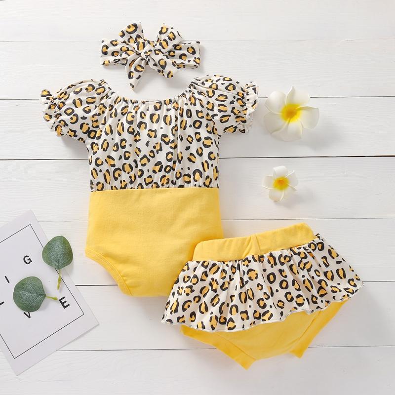 Baby Girl Leopard Print Color-block Bodysuit & Shorts & Headband - PrettyKid