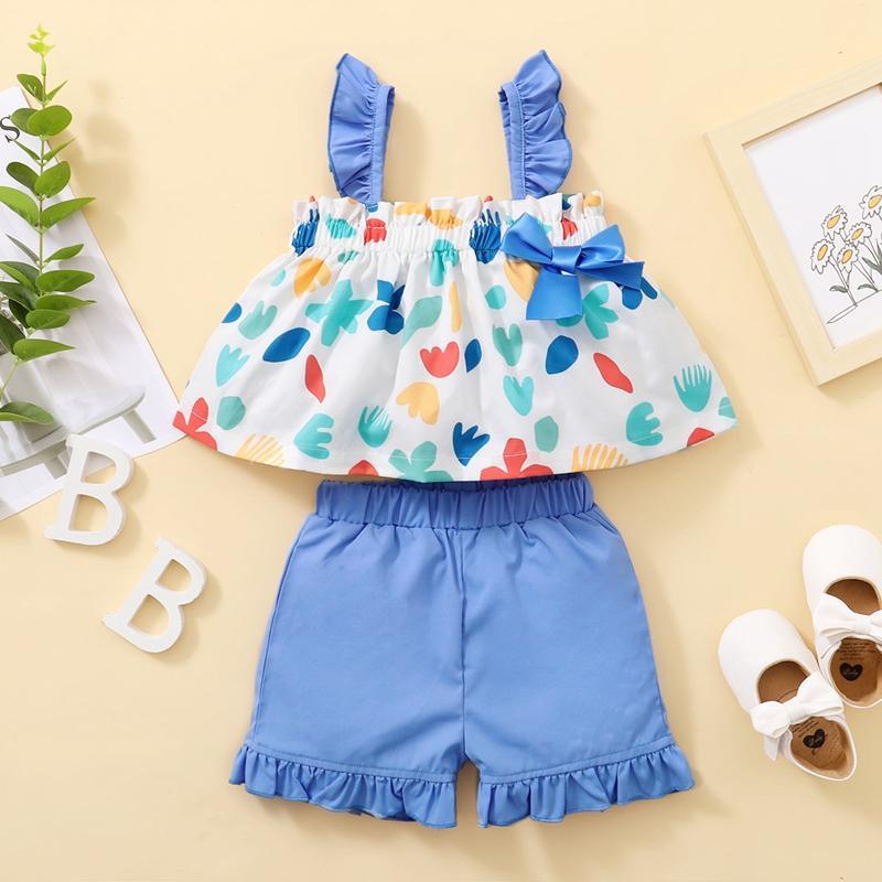 Toddler Girl Ruffle Trim Bowknot Decor Printed Top & Shorts - PrettyKid