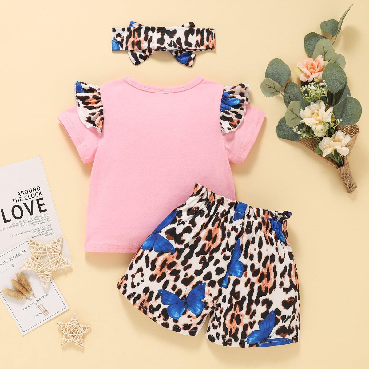 Baby Girl Leopard Print Fly-Sleeve Top And Shorts With Headband Two Piece Baby Sets - PrettyKid