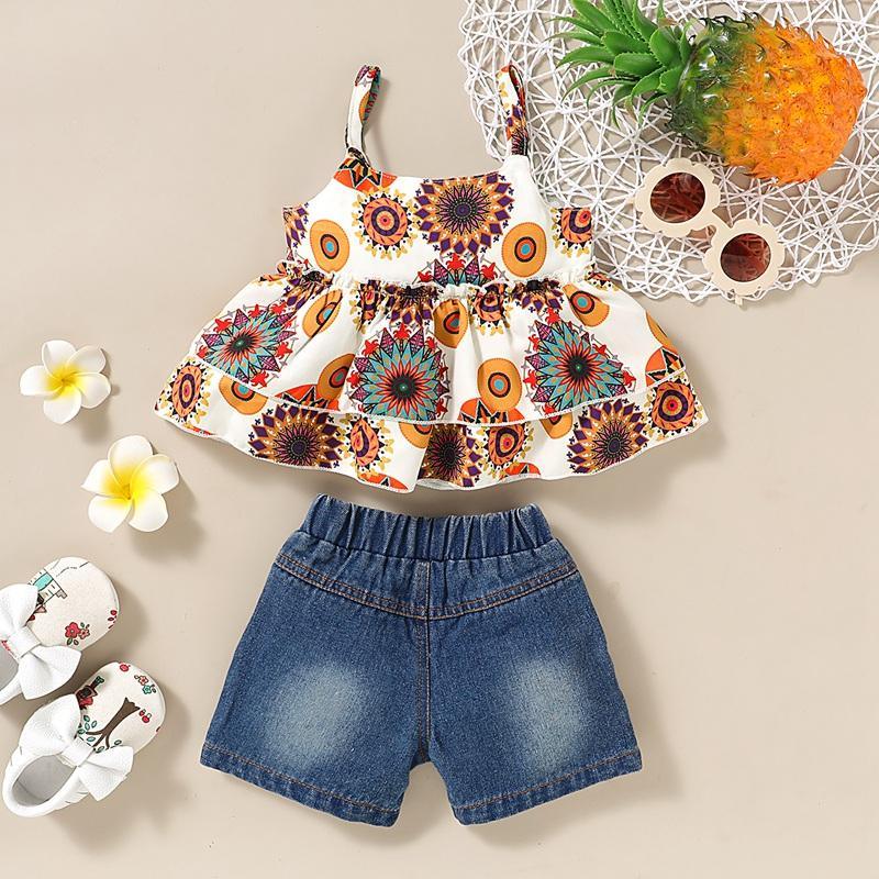 Toddler Girl Tropical Cami Top & Denim Shorts - PrettyKid