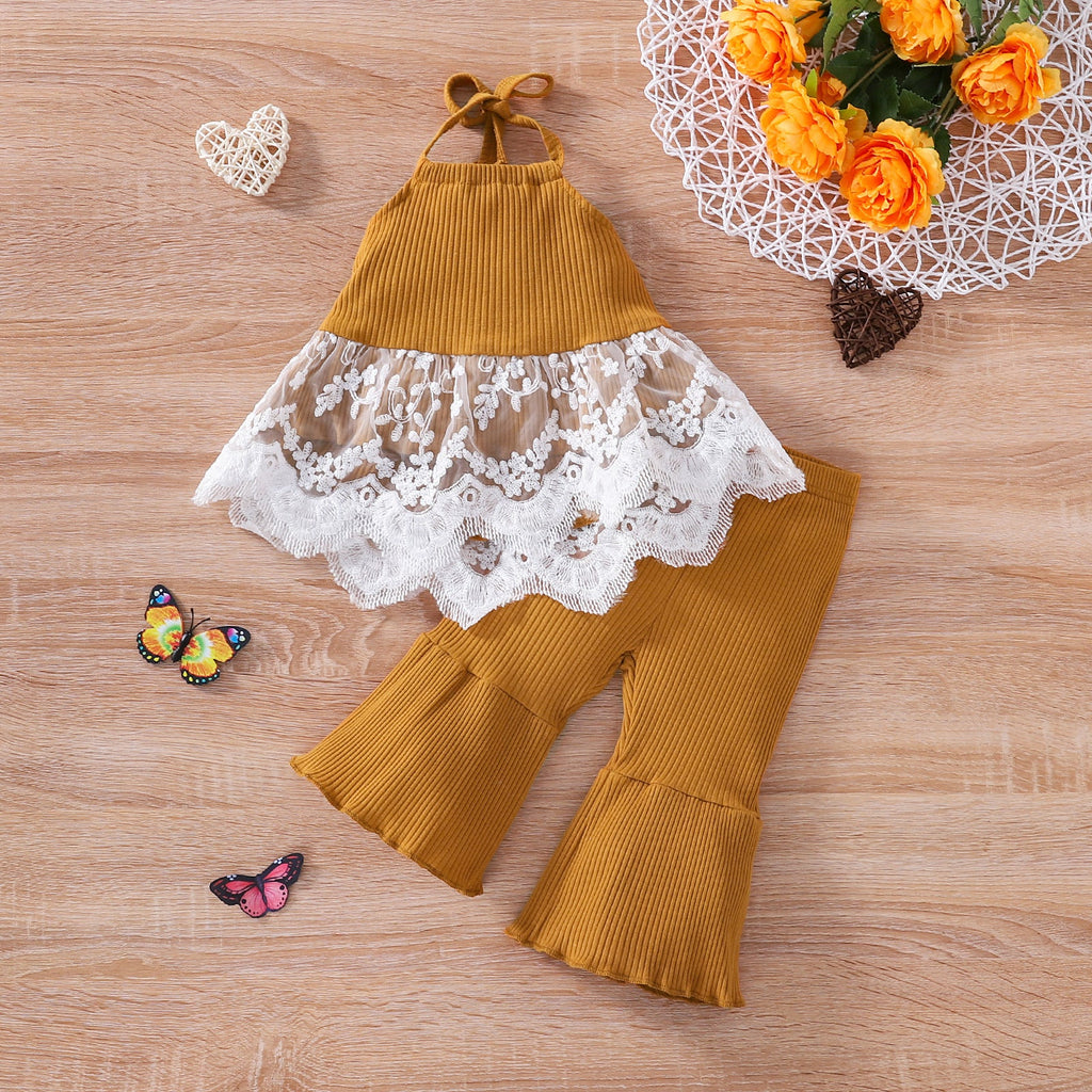 9M-4Y Baby Girls Sets Lace-Paneled Ribbed Suspender Flared Trousers Bulk Baby Clothes - PrettyKid