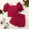 18M-6Y 2 Piece Sets For Girls Puff Sleeve Unpatterned Belt Square Neck Cute Toddler Girl Clothes Wholesale