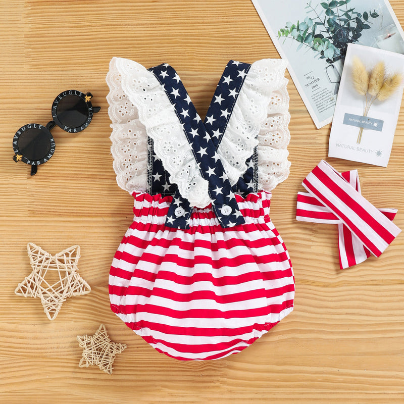 3-18M Baby Girls Independence Day Lace Flutter Sleeve Star Bodysuit Wholesale Baby Clothing - PrettyKid