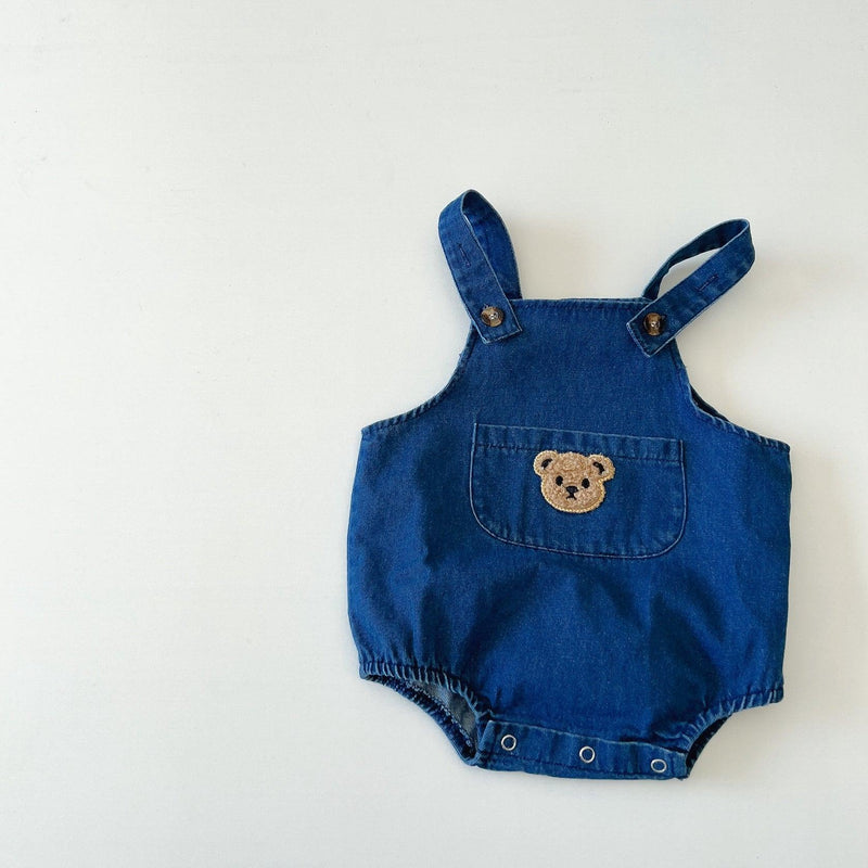 Baby Bear Denim Suspender Bodysuit & Striped Top - PrettyKid