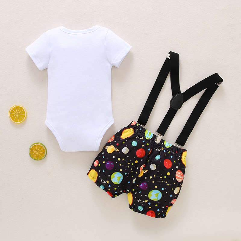 Baby Boy Bow Tie Decor Number Pattern Bodysuit & Galaxy Print Overalls - PrettyKid