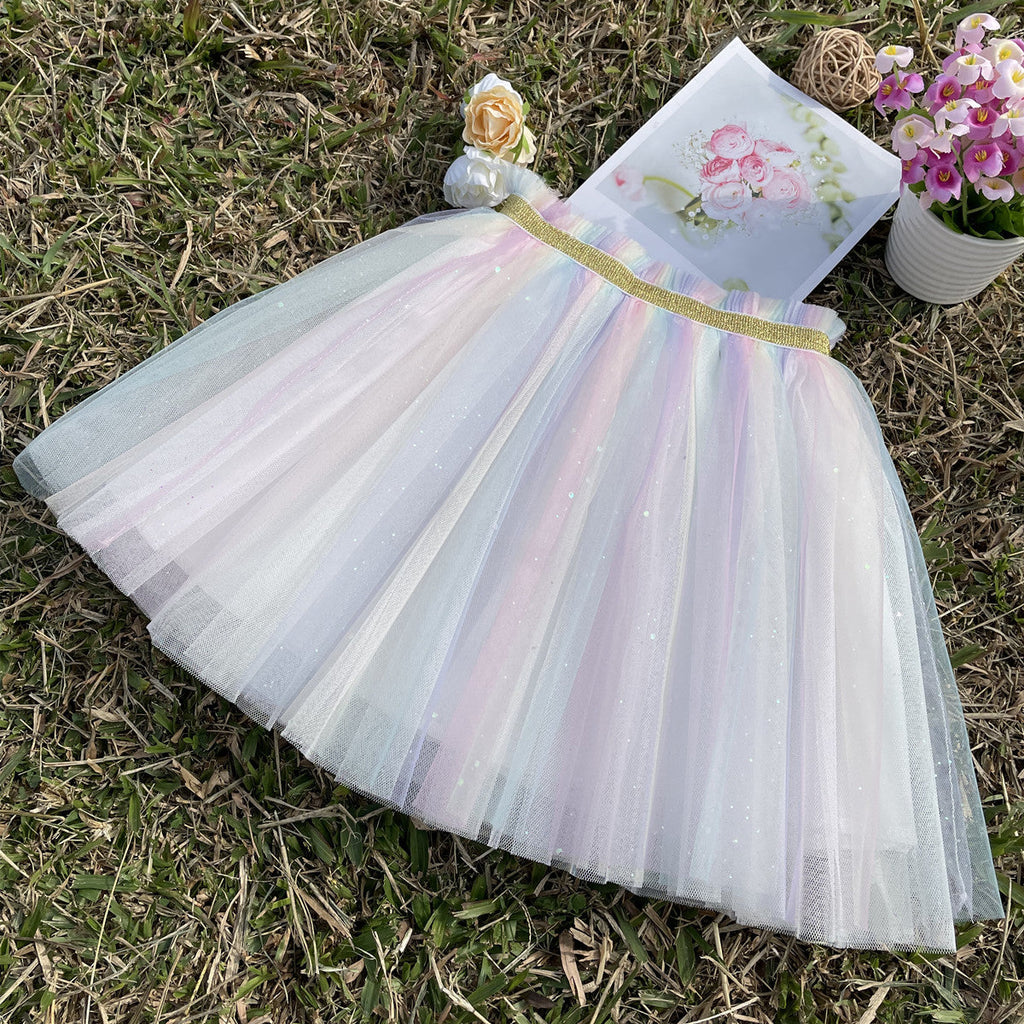 2-10Y Kid  Skirt Rainbow Mesh Sequin Patchwork Kids Clothes Wholesale - PrettyKid