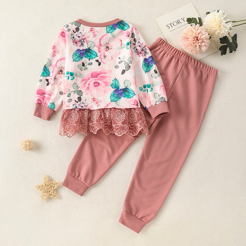Toddler Girls Casual Floral Lace Top & Pants Suit - PrettyKid