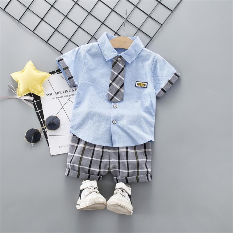 best wholesale childrens clothing Baby Boy Plaid Print Color-block Shirt & Shorts - PrettyKid