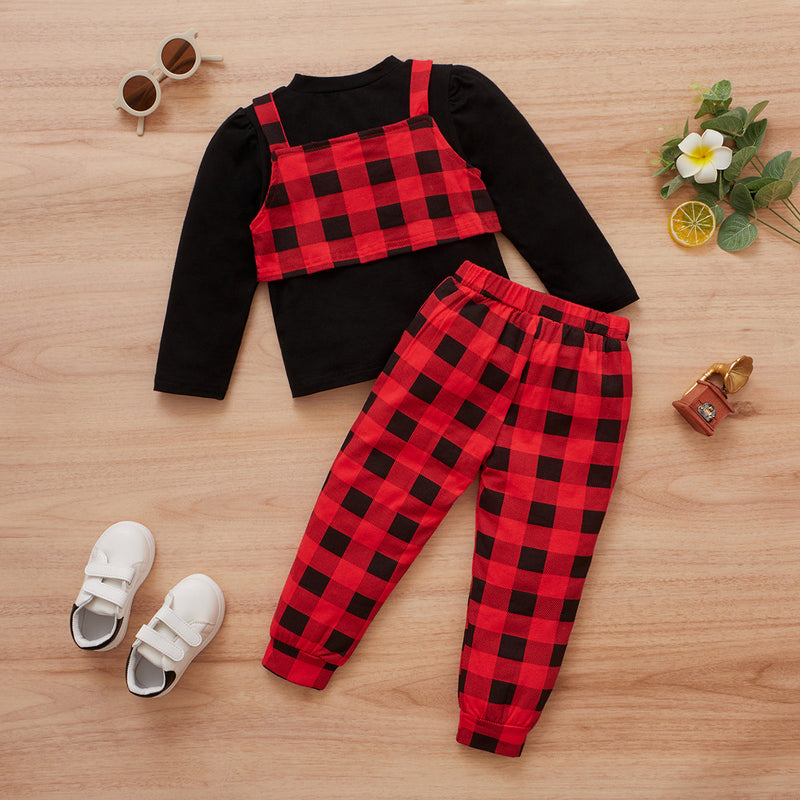 Baby Girl Fake Two-Piece Plaid Print T-Shirt And Pants Baby Outfit Sets - PrettyKid