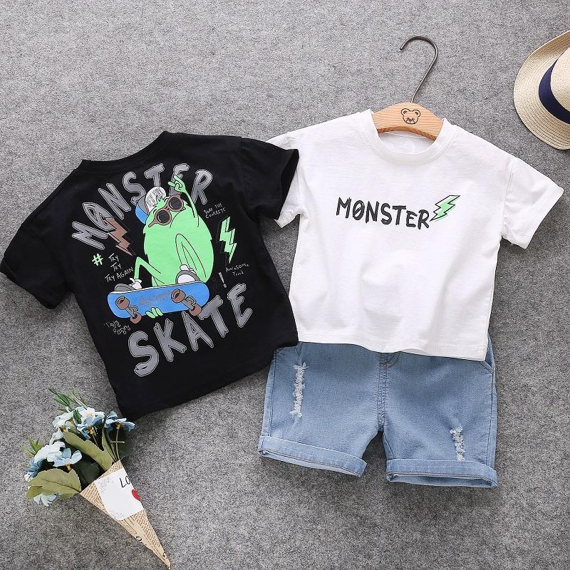 Toddler Boy Cartoon Letter Pattern Top & Denim Shorts - PrettyKid