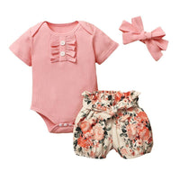 Baby Girl 3pcs Floral Pattern Suit T-Shirt & Short & Headhand - PrettyKid