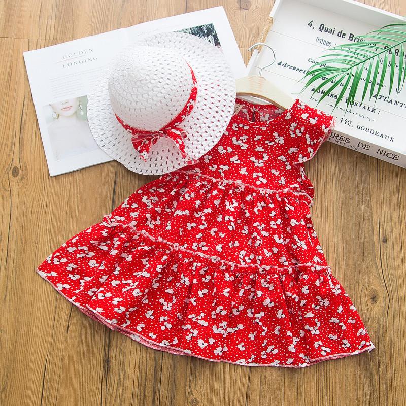 Toddler Girl Floral Print Dress & Straw Hat Children's Clothing - PrettyKid