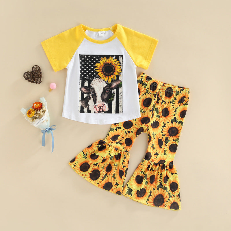 9M-4Y Colorblock Short Sleeve Printed T-Shirt Sunflower Flare Pants Baby Girl Outfit Sets Wholesale Baby Clothes - PrettyKid