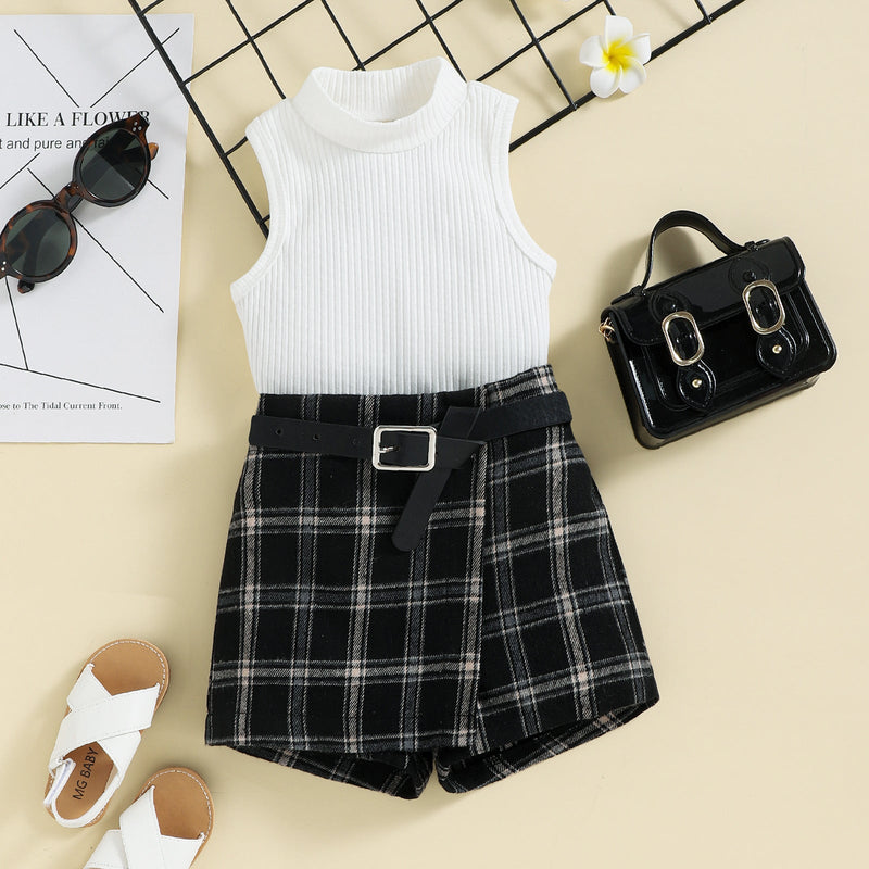 18M-6Y Toddler Girls Outfits Sets Ribbed Sleeveless Top & Plaid Shorts Wholesale Girls Clothes