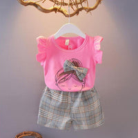 2pcs Sweet Plaid Little Girl Print T-shirt and Pants - PrettyKid