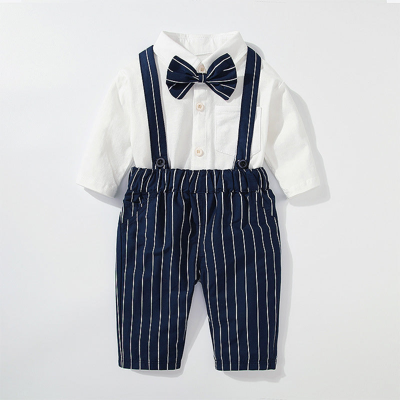 Baby Boys Plain Shirt Bow Tie Striped Suspender Pants Wholesale Baby Boy Overall Set - PrettyKid