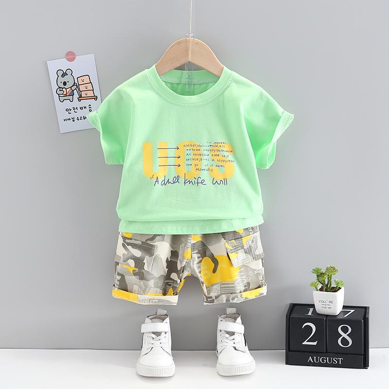 Grow Boy Letter Print Top & Camouflage Shorts - PrettyKid