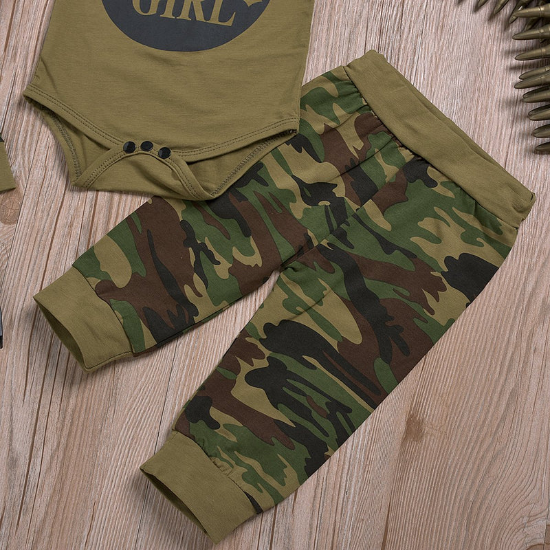 3-Piece Short-Sleeve Letter Print Bodysuit, Camouflage Pants and Hat for Baby Clothing Wholesale - PrettyKid
