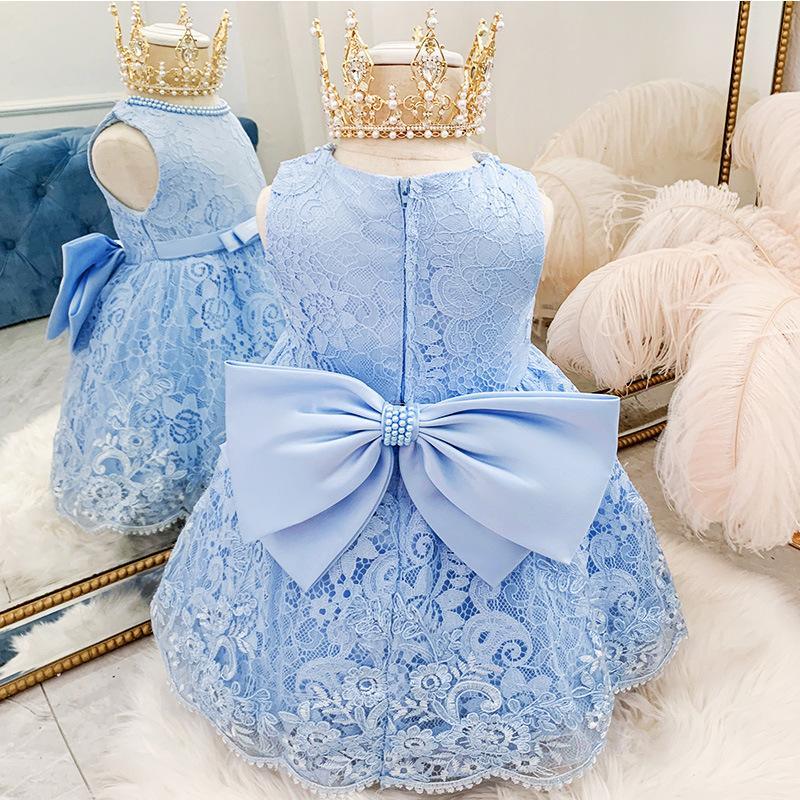 Toddler Girl Bow Decor Lace Braided Print Sleeveless Formal Dress - PrettyKid