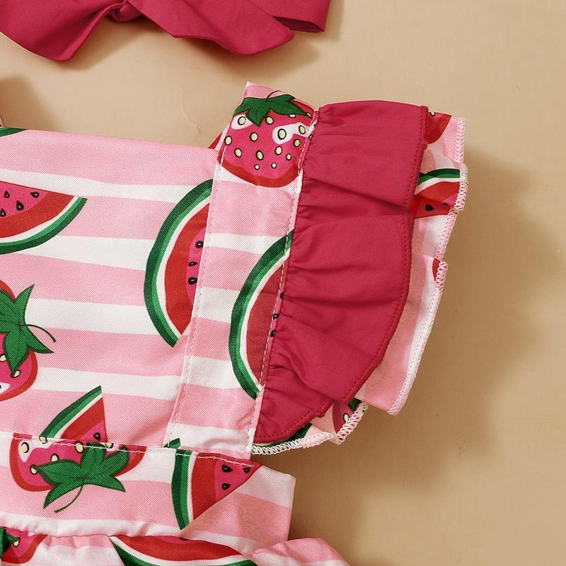 Baby Girl Watermelon Print Bodysuit & Bowknot Headband - PrettyKid