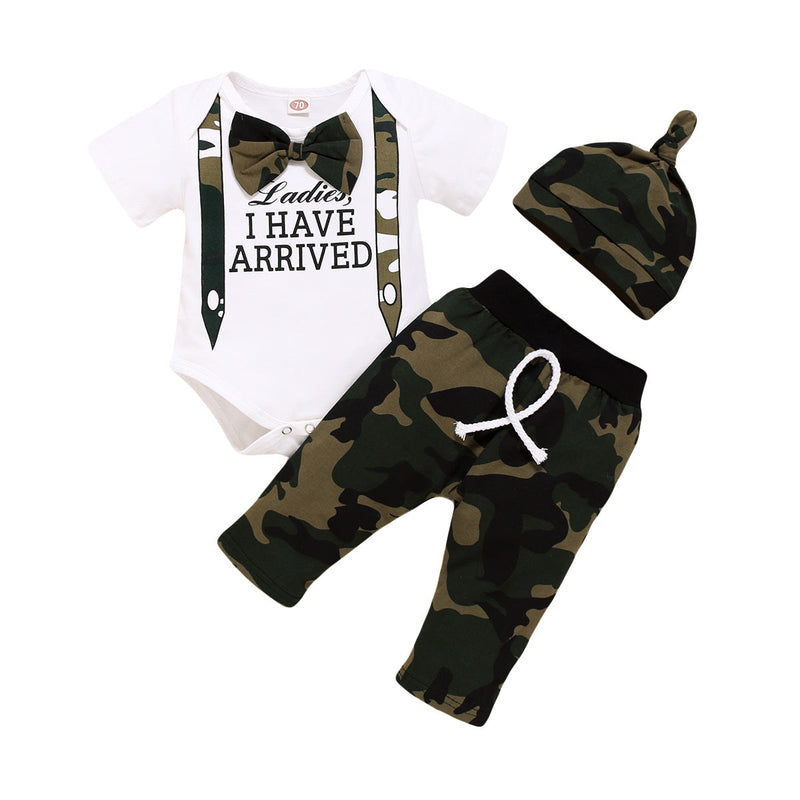 Camouflage Bow-Knot Letter Printing Bodysuit Pants Wholesale Baby Boy Sets With Hats - PrettyKid