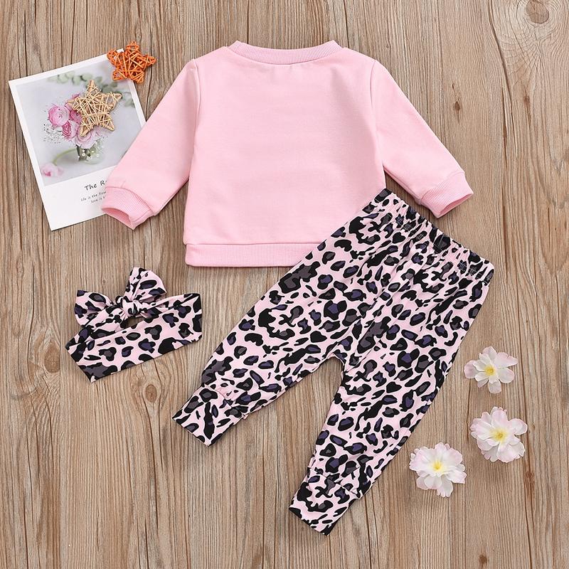 3-piece Letter Pattern Sweatshirts & Leopard Pants & Headband for Baby Girl - PrettyKid
