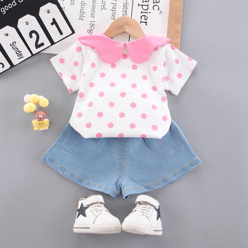 Toddler Girl Polka Dot T-shirt & Denim Shorts Wholesale Children's Clothing - PrettyKid