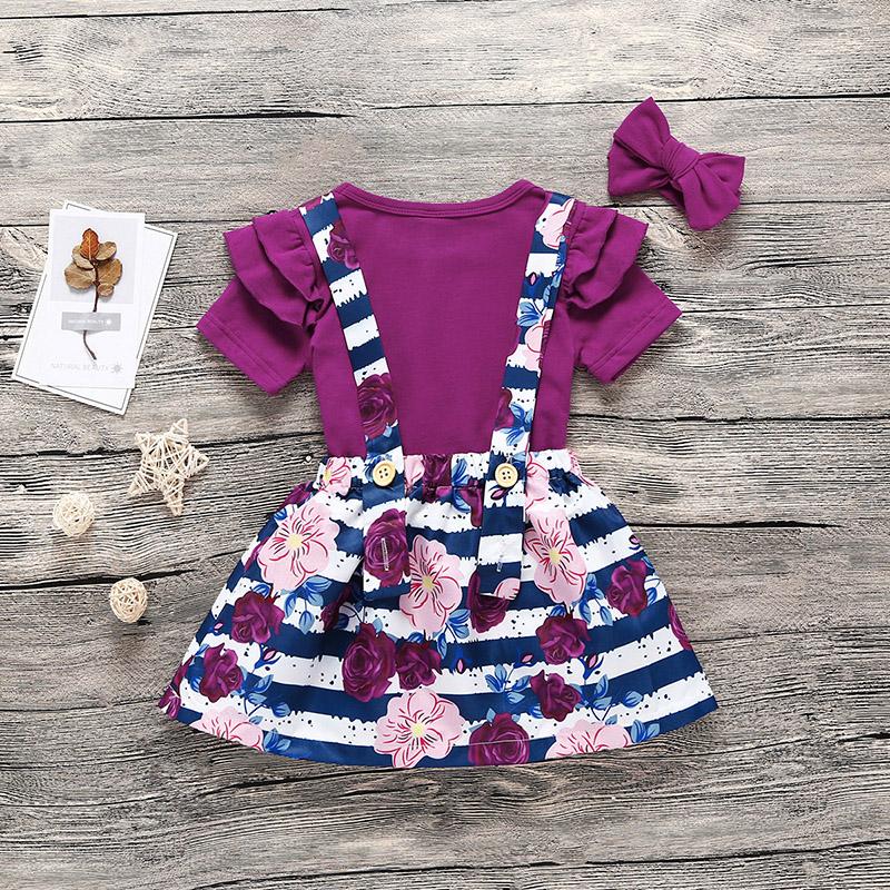 3-piece Solid Ruffle Bodysuit & Floral Printed Braces Skirt & Headband for Toddler Girl Wholesale children's clothing - PrettyKid
