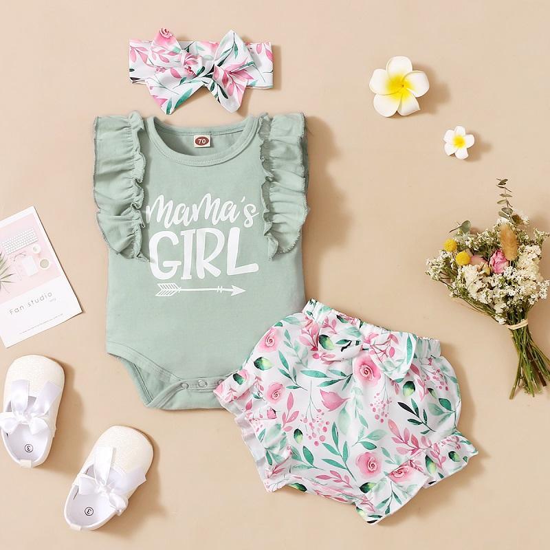 Baby Ruffle Bodysuit & Floral Print Shorts & Bowknot Headband Children's Clothing - PrettyKid