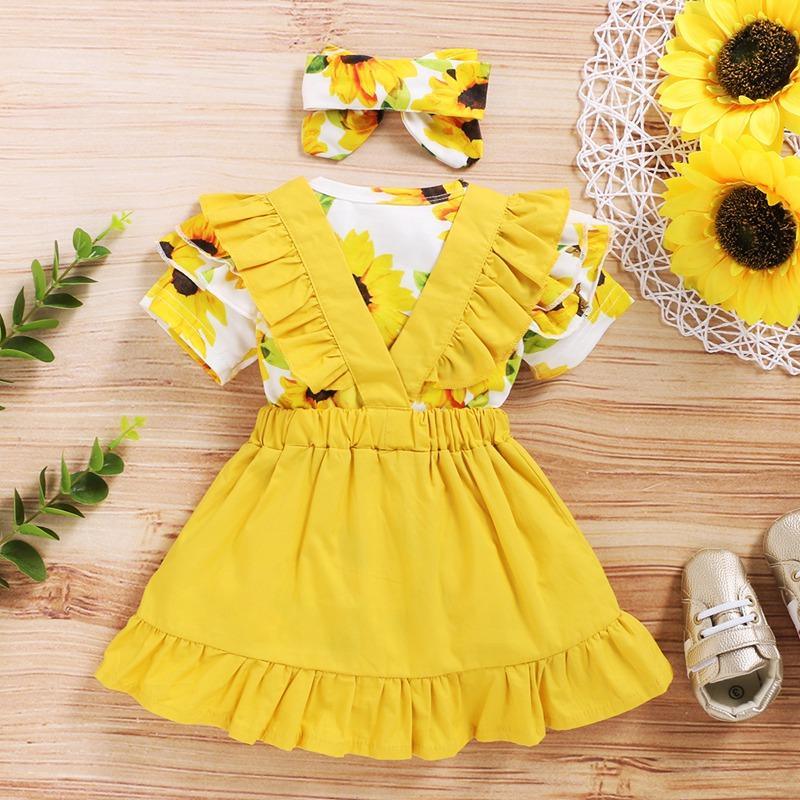 Pretty Floral Ruffled Bodysuit, Suspender Skirt with Headband Set Children's Clothing - PrettyKid