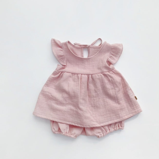 0-18M Sweet Flying Sleeves Candy Color Solid Color Short Sleeve Cute Suit Wholesale Baby Clothes - PrettyKid