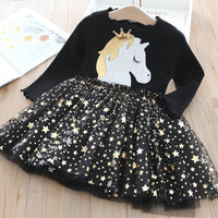 Cartoon Long-sleeved Star Pattern Mesh Dress for Toddler Girl - PrettyKid