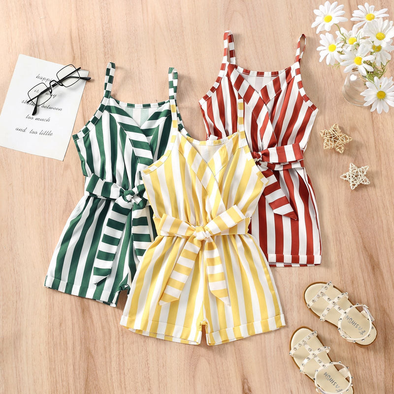 18M-6Y Toddler Girls Striped Cami Belted Romper Wholesale Girls Fashion Clothes - PrettyKid