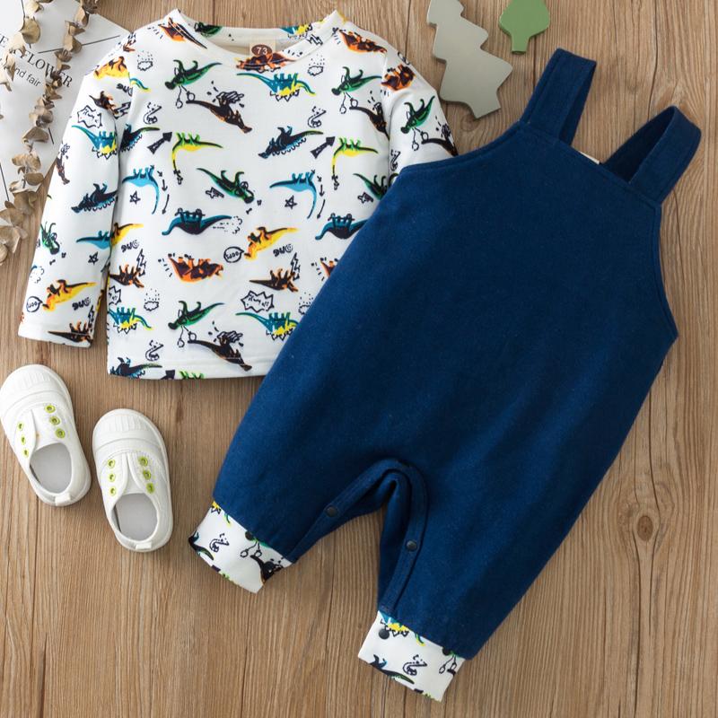 2-piece Dinosaur Pattern Long Sleeve T-shirt & Bib Pants for Baby - PrettyKid