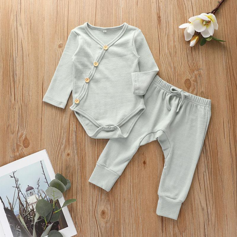 Solid Cotton Long-sleeve Bodysuit and Pants Set - PrettyKid