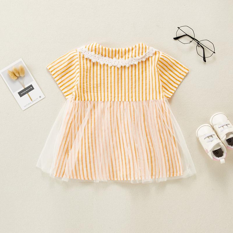 Baby Girl Color Stripes Lace Collar Mesh Hem Dress - PrettyKid