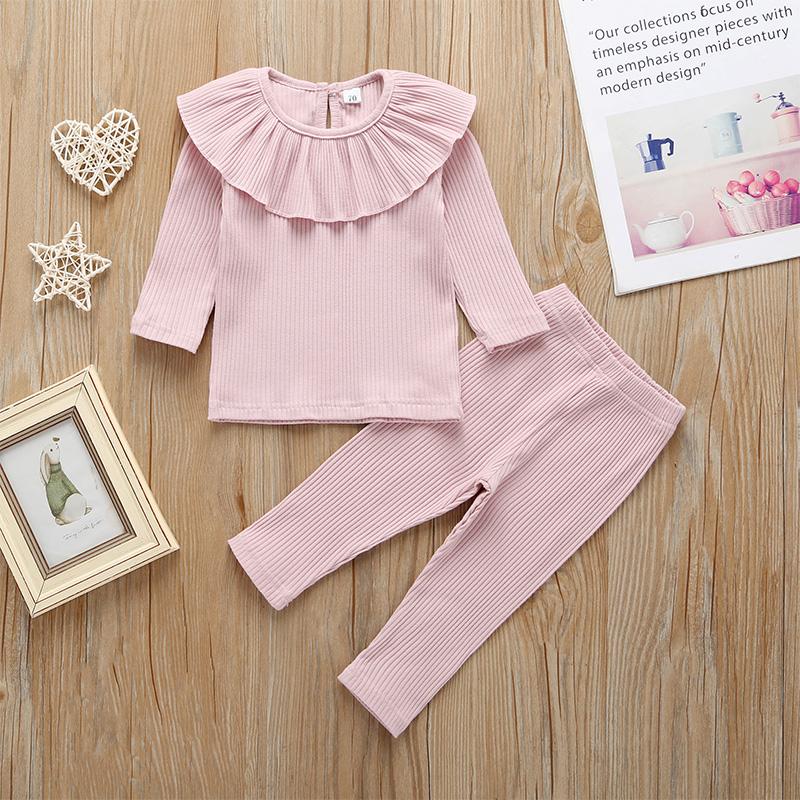 Solid Ruffled Long-sleeve Top and Pants Set Wholesale children's clothing - PrettyKid
