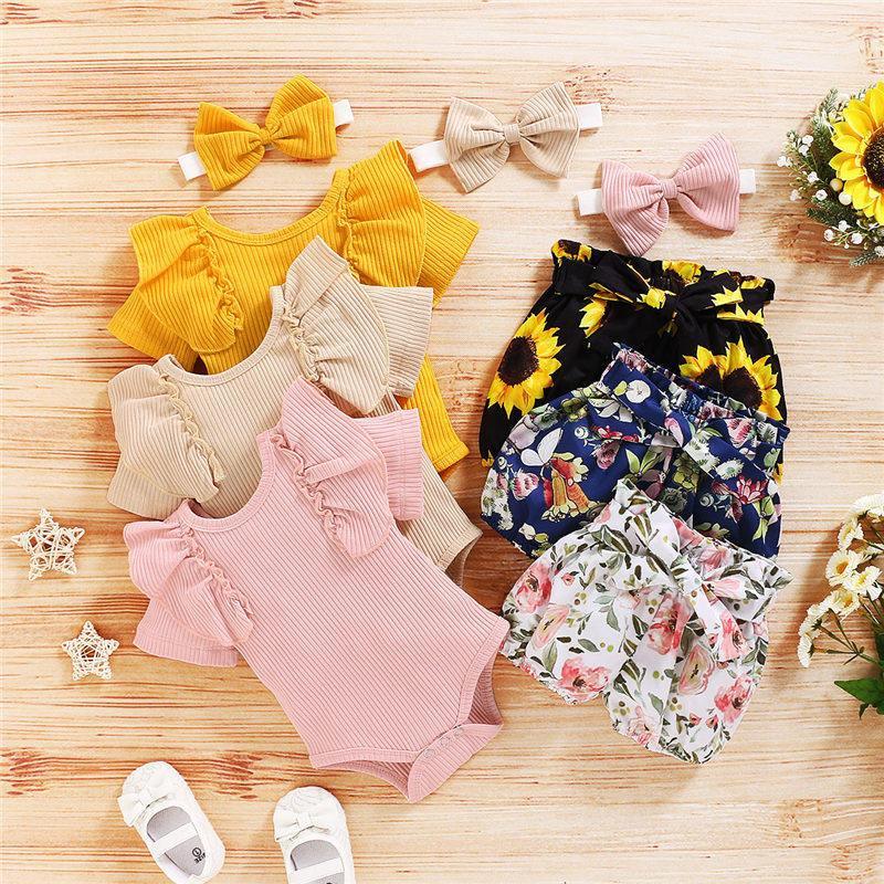 3-piece Solid Ruffle Bodysuit & Floral Printed Shorts & Headband for Baby Clothing Wholesale - PrettyKid