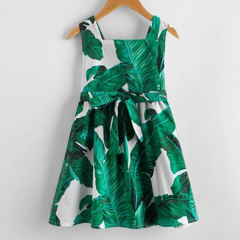 Girl Square Collar Green Leaves Dress - PrettyKid