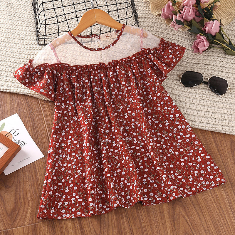 18M-6Y Toddler Mesh Stitched Floral Short Sleeve Dresses For Girls Wholesale Girls Fashion Clothes - PrettyKid