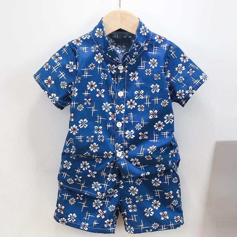Boy Floral Stand-up Collar Floral Print Shirt & Shorts - PrettyKid