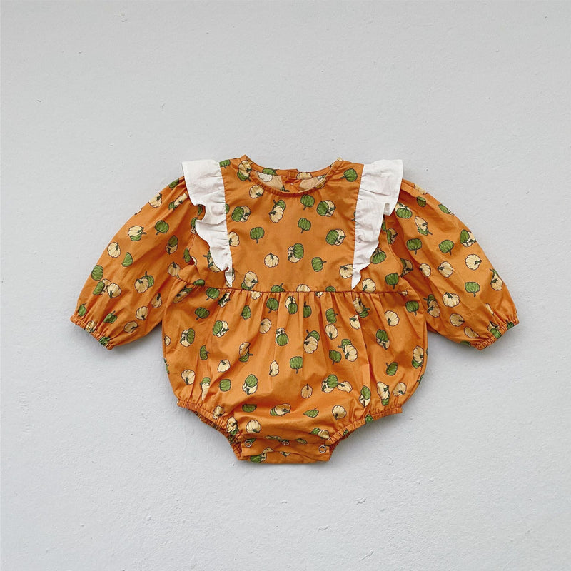 3-18M Baby Girls Ruffle Trim Pumpkin Print Bodysuit Wholesale Baby Boutique Clothing - PrettyKid