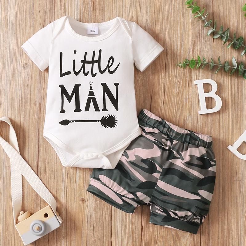 Baby Boy Letter Graphic Bodysuit & Camouflage Shorts - PrettyKid